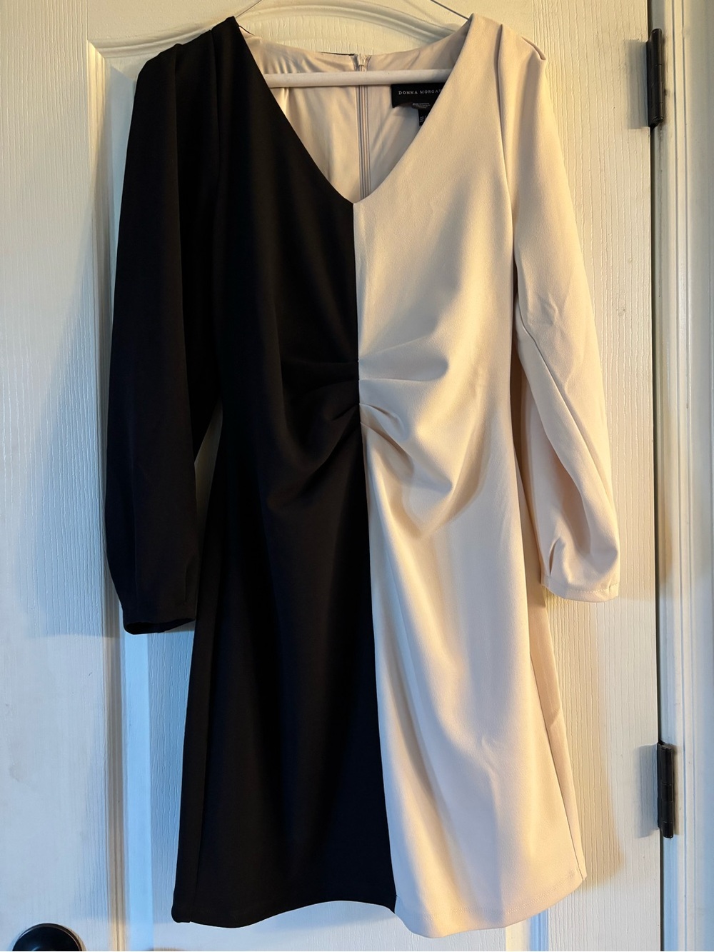 Two-Tone Black and Cream V-Neck Long Sleeve Dress